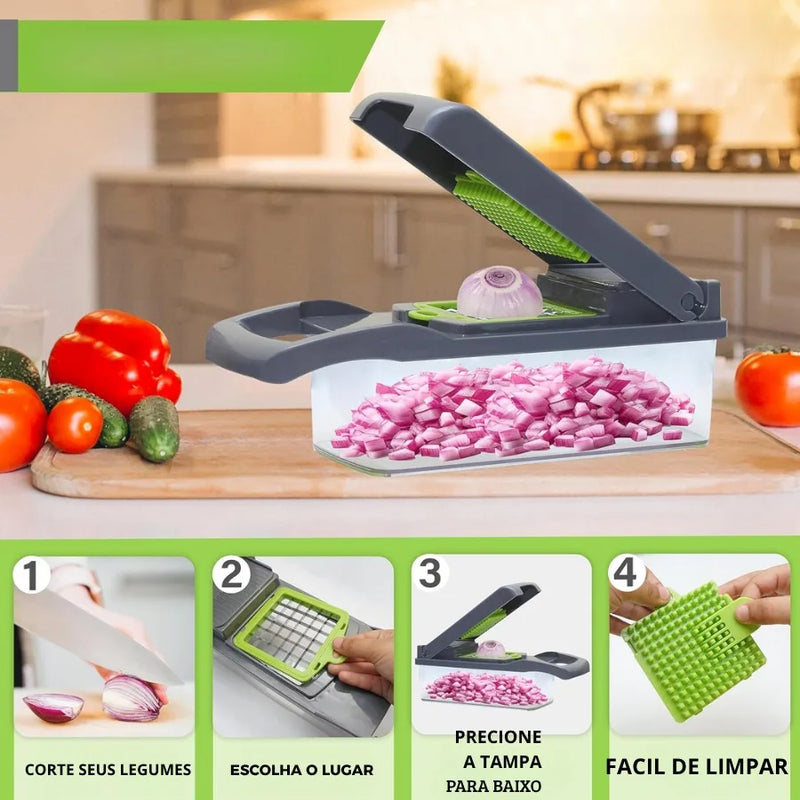 Cortador 16 em 1 Multifuncional com Coletor – Agilize sua Cozinha com Praticidade, Precisão e Organização!